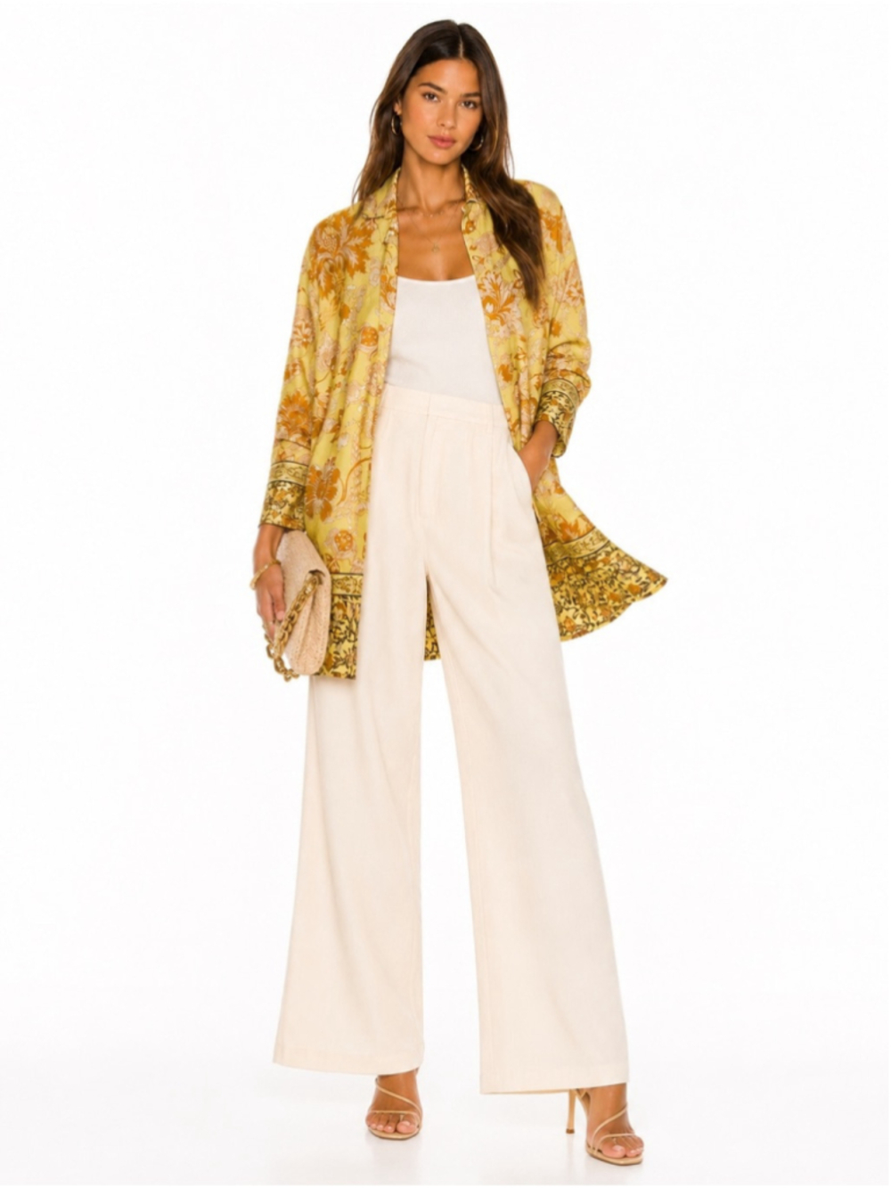 H&M Yellow Floral Print Longline Blouse Top Satin jacket